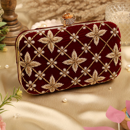 Royal Velvet Zari Embroidered Clutch with Floral Crystal Clasp