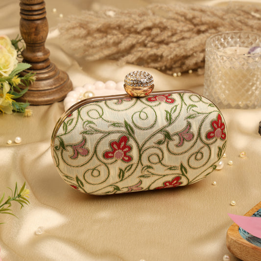 Elegant Floral Embroidered Clutch with Gold Chain – Bridal & Party Wear Handbag