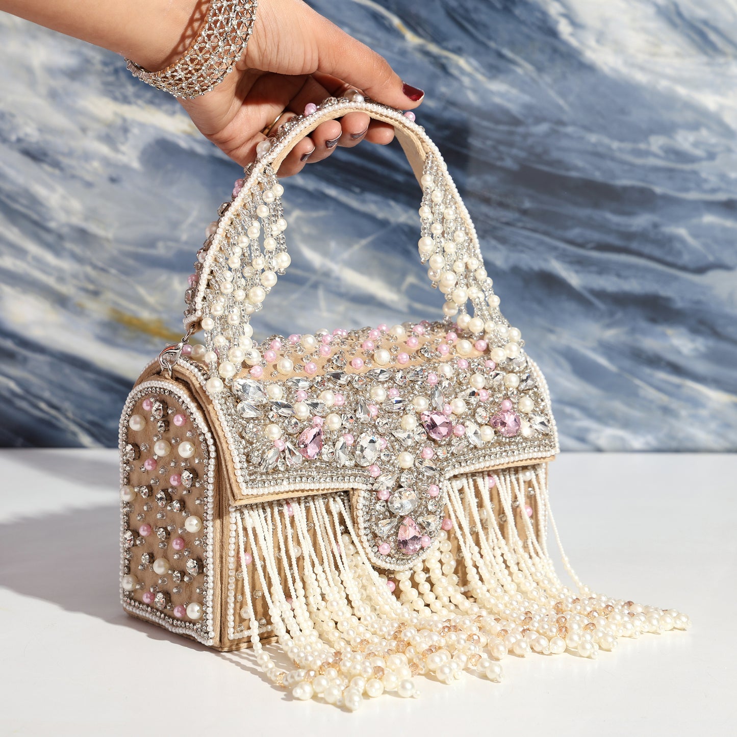 Heer Sitara – Handcrafted Crystal & Pearl Flap Bag | Designer Bridal Clutch with Beaded Handle