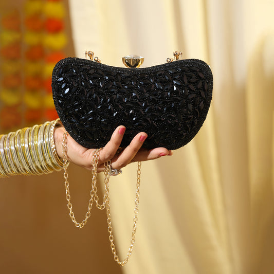 Luxury Midnight Spark Black Embellished Party Clutch with Crystal Lock & Chain Strap