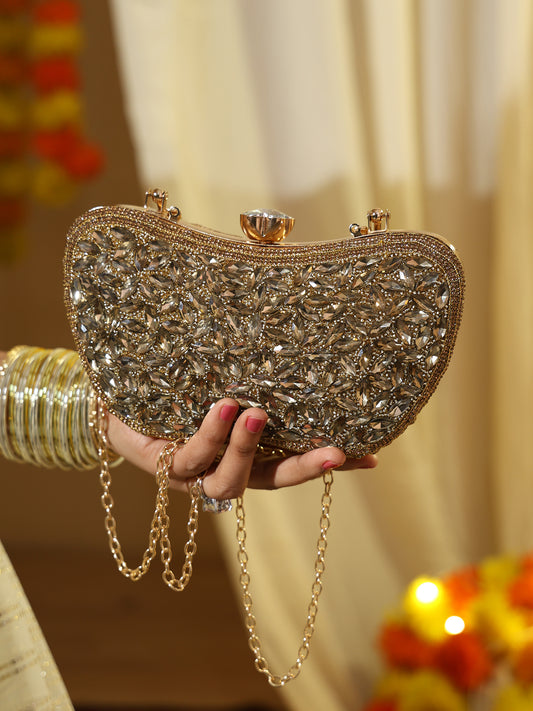 Luxury Midnight Spark Brown Embellished Party Clutch with Crystal Lock & Chain Strap
