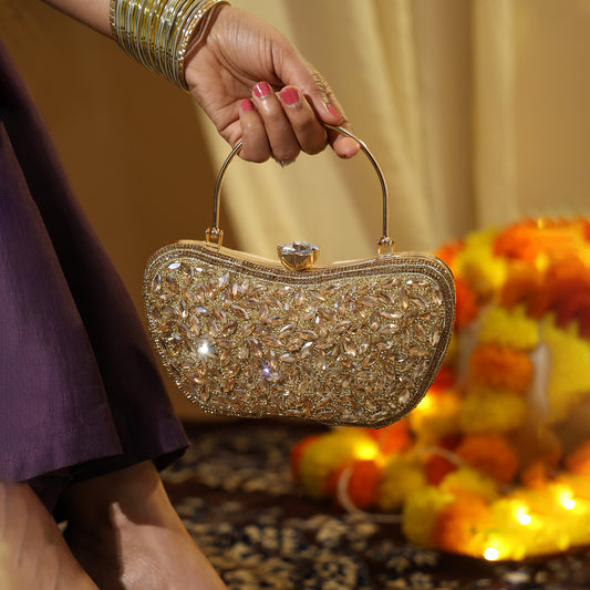 Luxury Midnight Spark Golden Embellished Party Clutch with Crystal Lock & Chain Strap