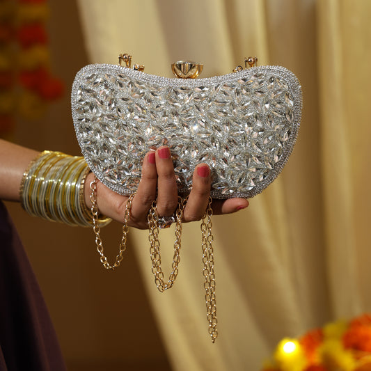 Luxury Midnight Spark White Embellished Party Clutch with Crystal Lock & Chain Strap