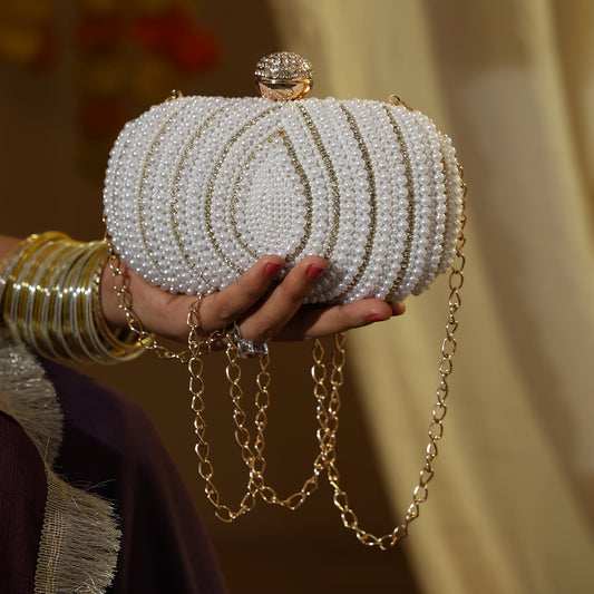 Royal Pearl Embellished Oval Clutch with Crystal Closure
