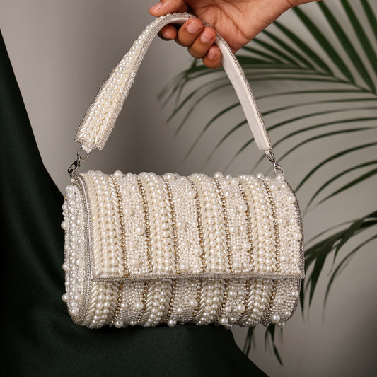 Mehfil Handcrafted Pearl-Embellished Flap with Detachable Handle