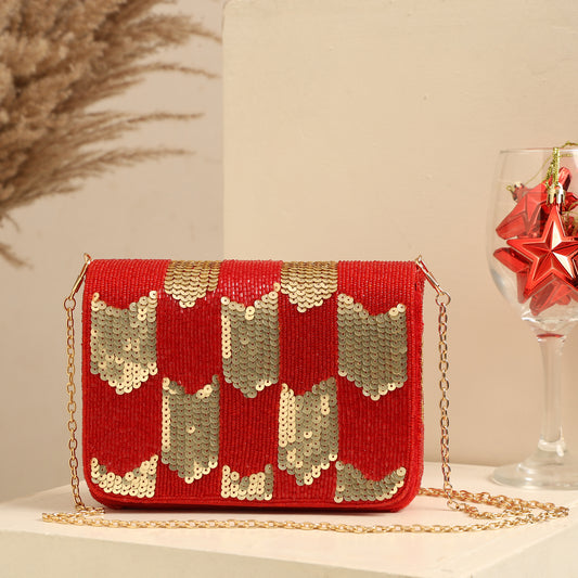 Women Red & Gold Sequin Flap Bag with Chain Strap