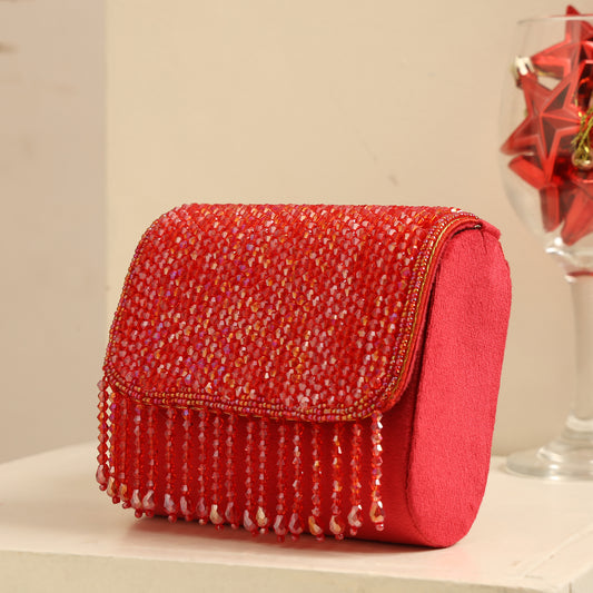 Women Multicolor Beaded Flap Handbag with Chain Strap