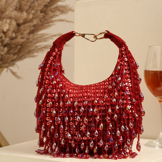 Women Red Sequin Handbag with Fringed Detail and Gold Hardware