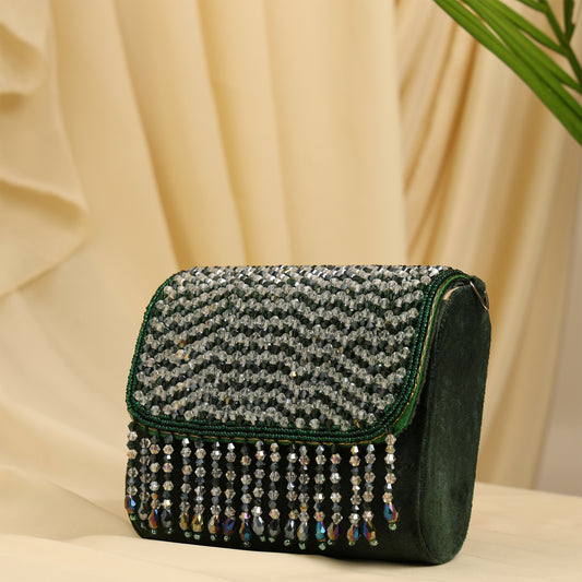Women Emerald Beaded Mini Flap Bag with Crystal Fringe