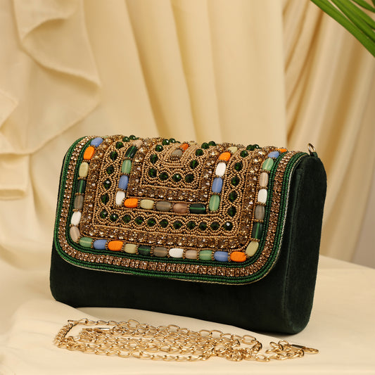 Women Embellished Mini Flap Bag with Bead and Stone Detailing