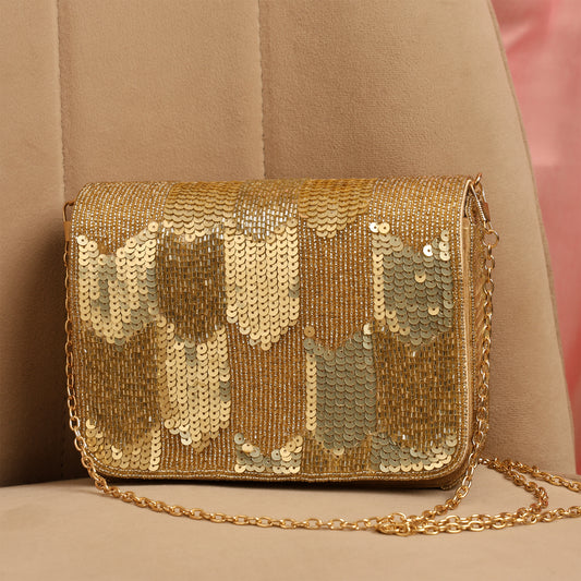 Women Gold Sequin Flap Bag with Chain Strap and Magnetic Closure