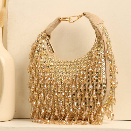Women Embellished Hobo Bag with Bead and Sequin Fringe Detail