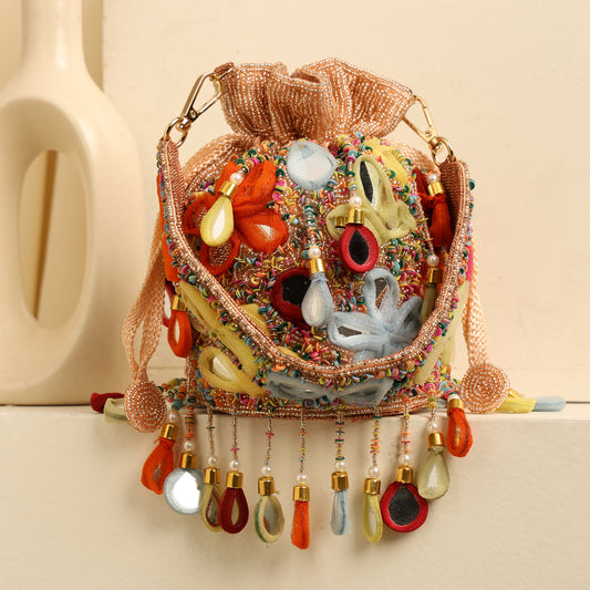 Women Handcrafted Colorful Beaded Potli Bag with Tassels