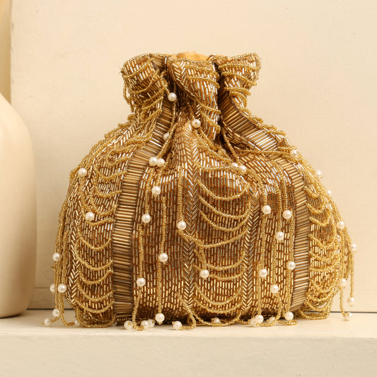Women Golden Beaded Potli Bag with Pearl Tassels