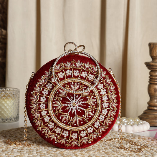 Royal Red Embroidered Potli Clutch with Pearl Handle – Bridal & Wedding Statement Bag
