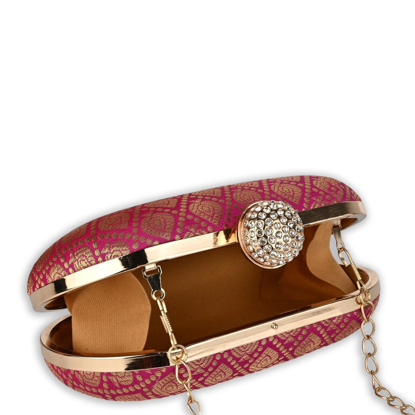 Banarasi Noor Pink Elegant Embellished Oval Clutch with Chain Strap and Crystal Clasp