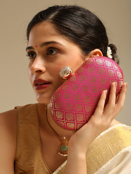 Banarasi Noor Pink Elegant Embellished Oval Clutch with Chain Strap and Crystal Clasp