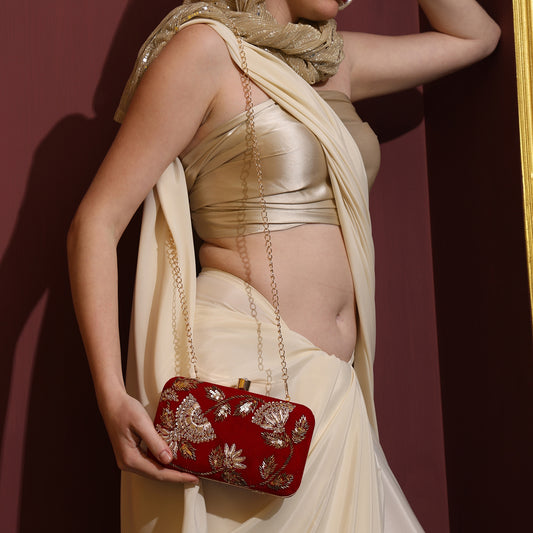 Noorani Red Velvet Embroidered Clutch – Handcrafted Ethnic Partywear Box Bag with Zari Work