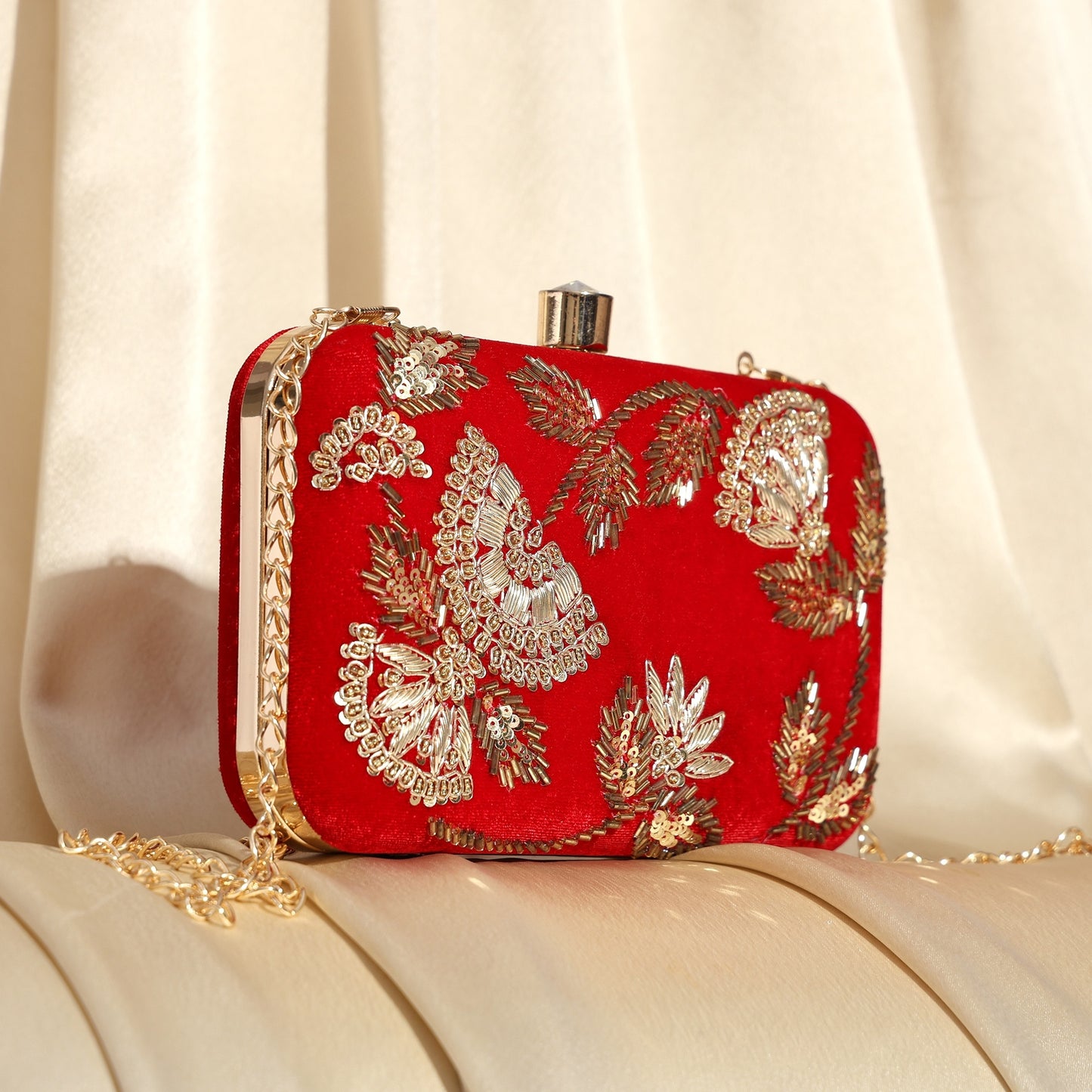 Noorani Red Velvet Embroidered Clutch – Handcrafted Ethnic Partywear Box Bag with Zari Work