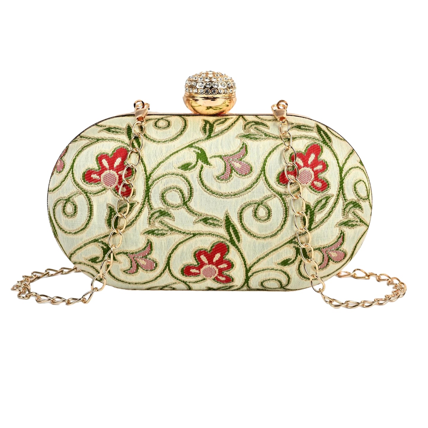 Elegant Floral Embroidered Clutch with Gold Chain – Bridal & Party Wear Handbag