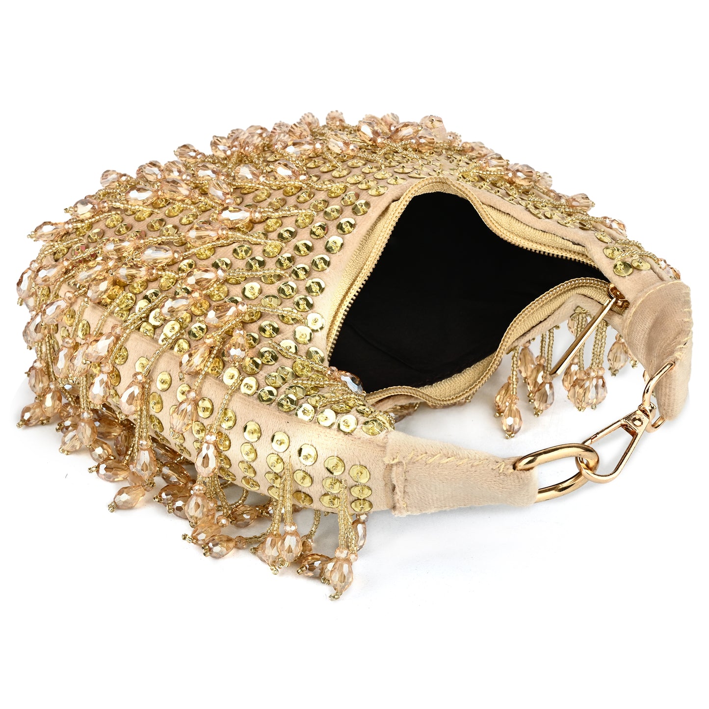 Women Embellished Hobo Bag with Bead and Sequin Fringe Detail