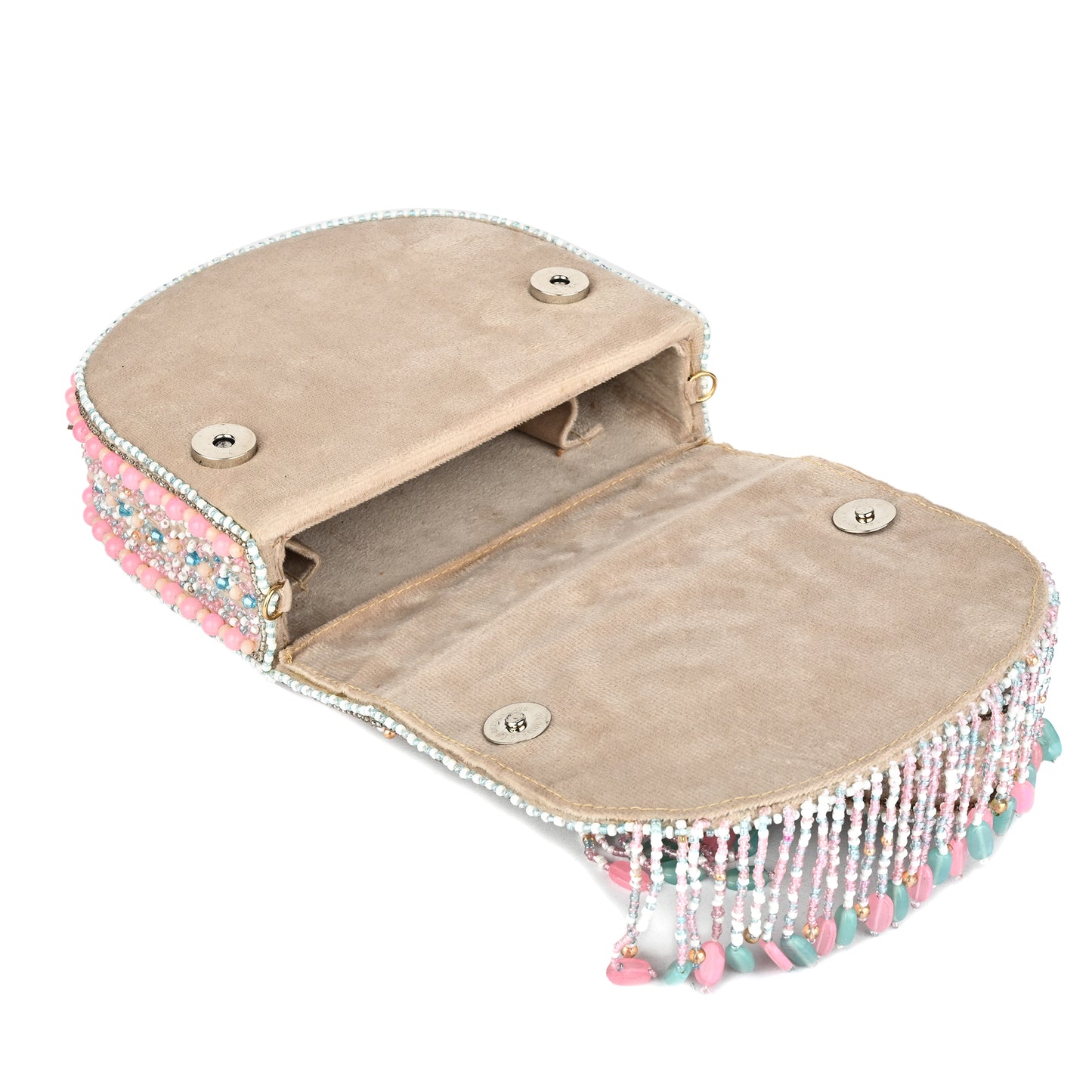 Women Colorful Beaded Flap Bag with Fringe Detail and Chain Strap