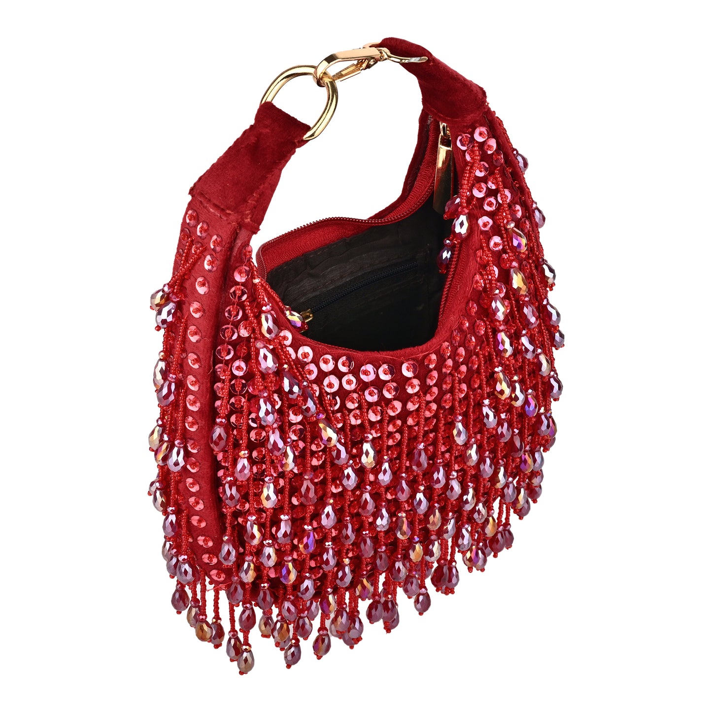 Women Red Sequin Handbag with Fringed Detail and Gold Hardware