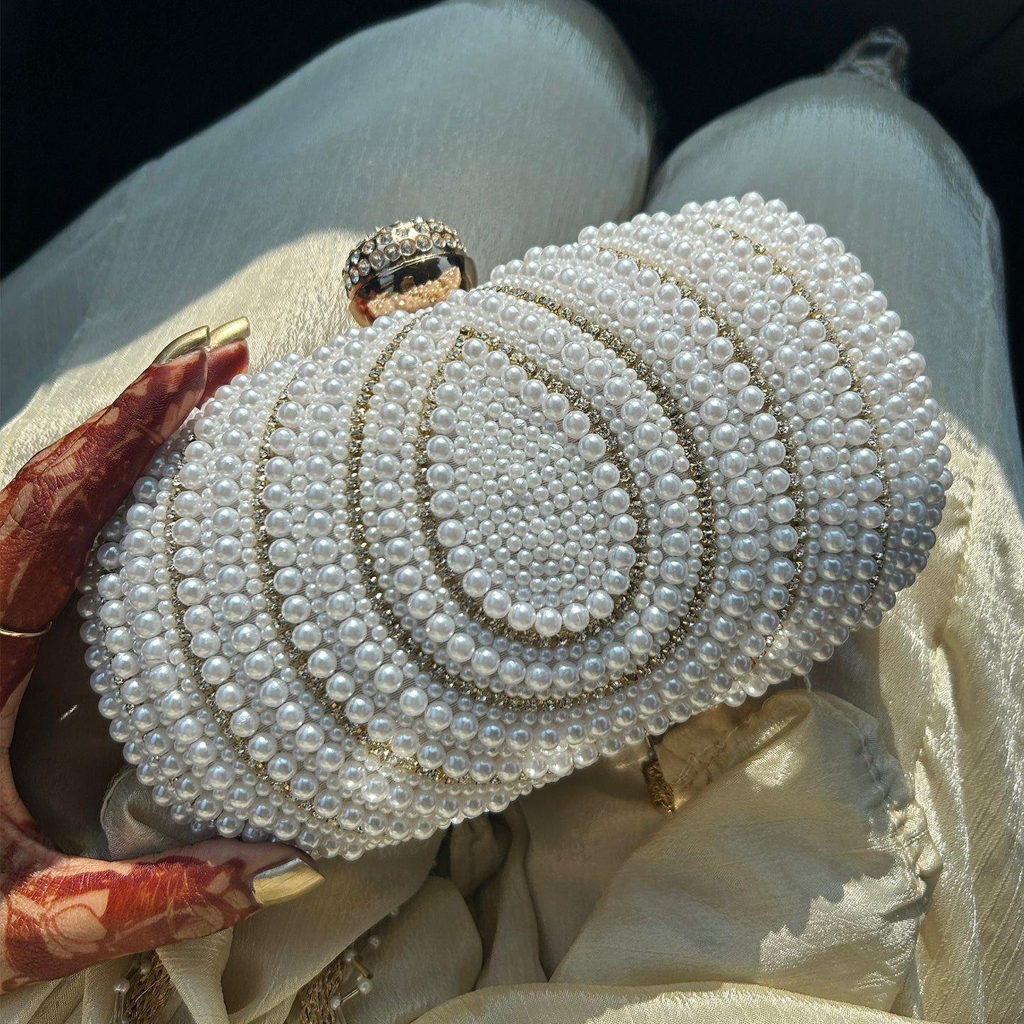 Royal Pearl Embellished Oval Clutch with Crystal Closure