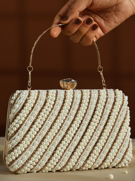 Luxe Pearl Evening Hand Clutch | Ladies Party Wedding Purse with Chain Strap