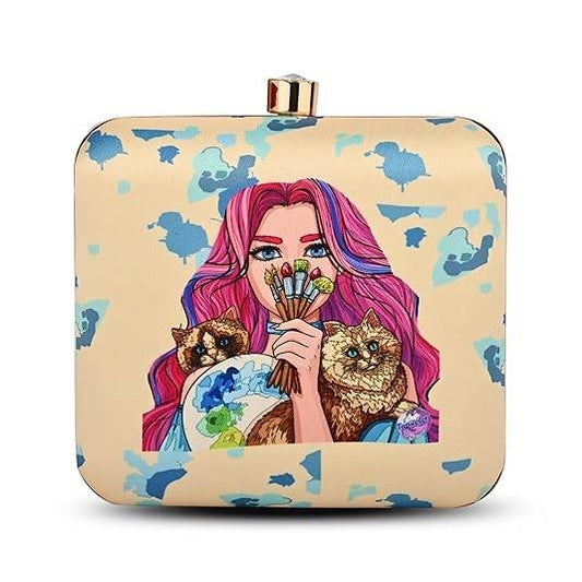 Purrfect Muse Quirky Printed Clutch Bag for Women - Convertible Detachable Sling Purse, Cute Party Handbag for Girls & Women