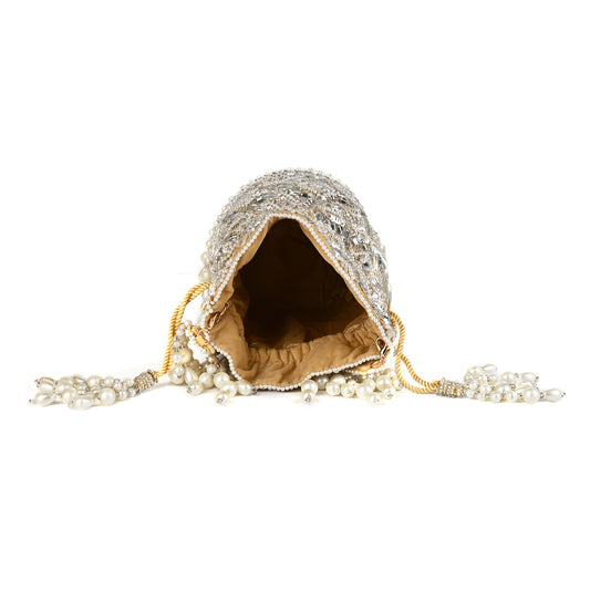 Royal Grace Potli Exquisite Hand-Embellished Potli Bag with Mirror and Pearl Detailing