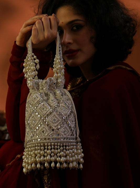 Motiya Potli Exquisite Hand-Embellished Potli Bag with Intricate Bead & Mirror Detailing