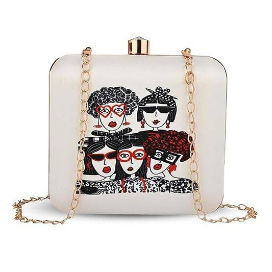 Squad Goals Women's Designer Clutch Bag – Quirky Printed Box Purse with Detachable Sling | Trendy Party Handbag for Girls & Women