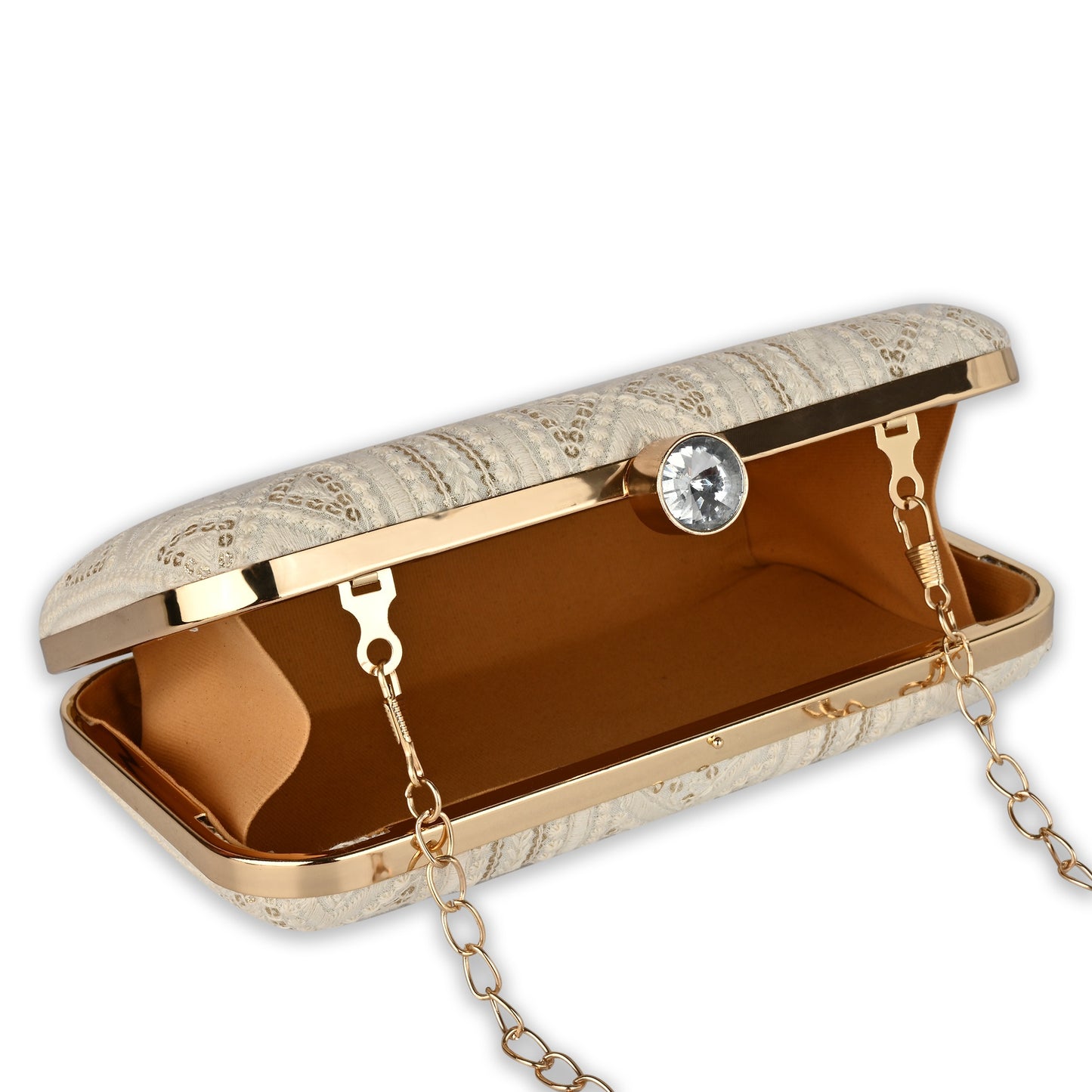 Regal Charm Embroidered Box Clutch with Geometric Detailing and Crystal Clasp