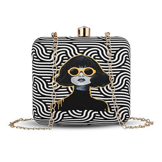 Bold Vibes Women's Designer Clutch Bag – Quirky Printed Box Purse with Detachable Sling | Trendy Party Handbag for Girls & Women