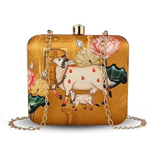 Kamdhenu Cow Clutch – Traditional Indian Art Hardcase Handbag | Gau Mata Print Ethnic Sling Bag for Women