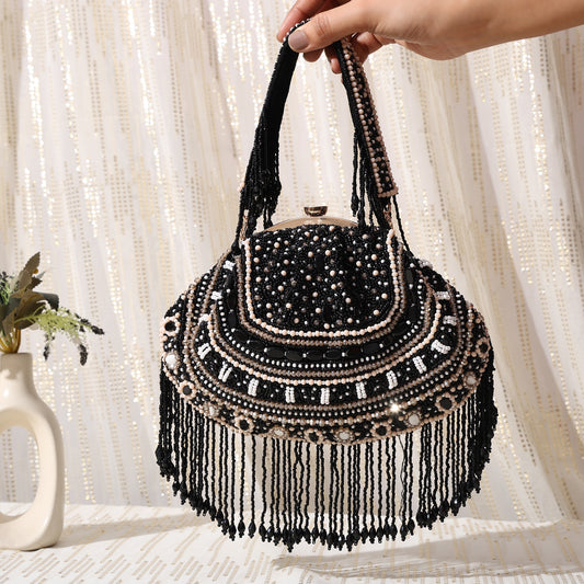 Bead Blush Batua Bag – Black & Pearl Beaded Clutch with Fringe & Detachable Handle
