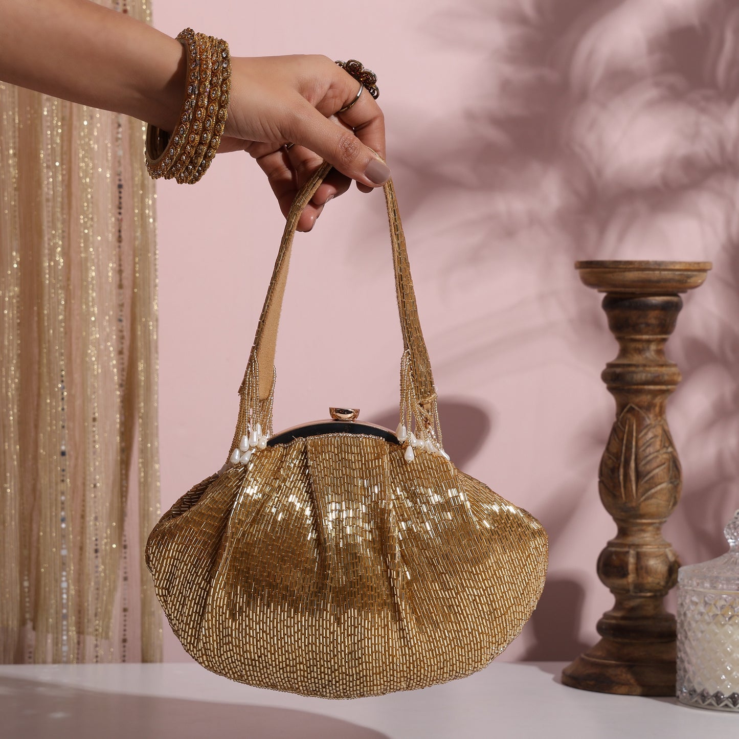 Heera Belle Hand-Beaded Batua Bag – Vintage-Inspired Party Clutch with Pearl Tassel Handle & Metal Frame Closure