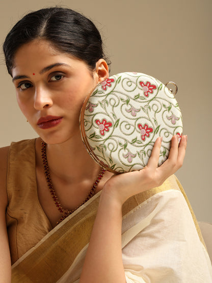 Phooldaan Elegant Round Clutch with Intricate Floral Embroidery & Crystal-Accented Handle
