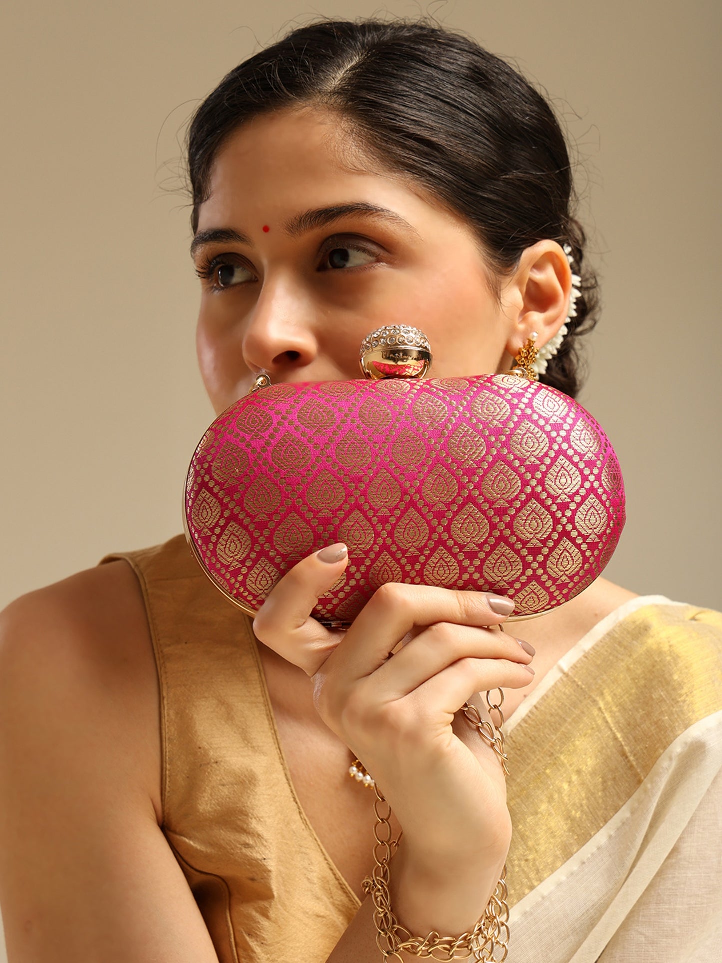 Banarasi Noor Pink Elegant Embellished Oval Clutch with Chain Strap and Crystal Clasp