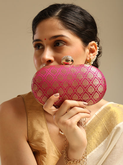 Banarasi Noor Pink Elegant Embellished Oval Clutch with Chain Strap and Crystal Clasp