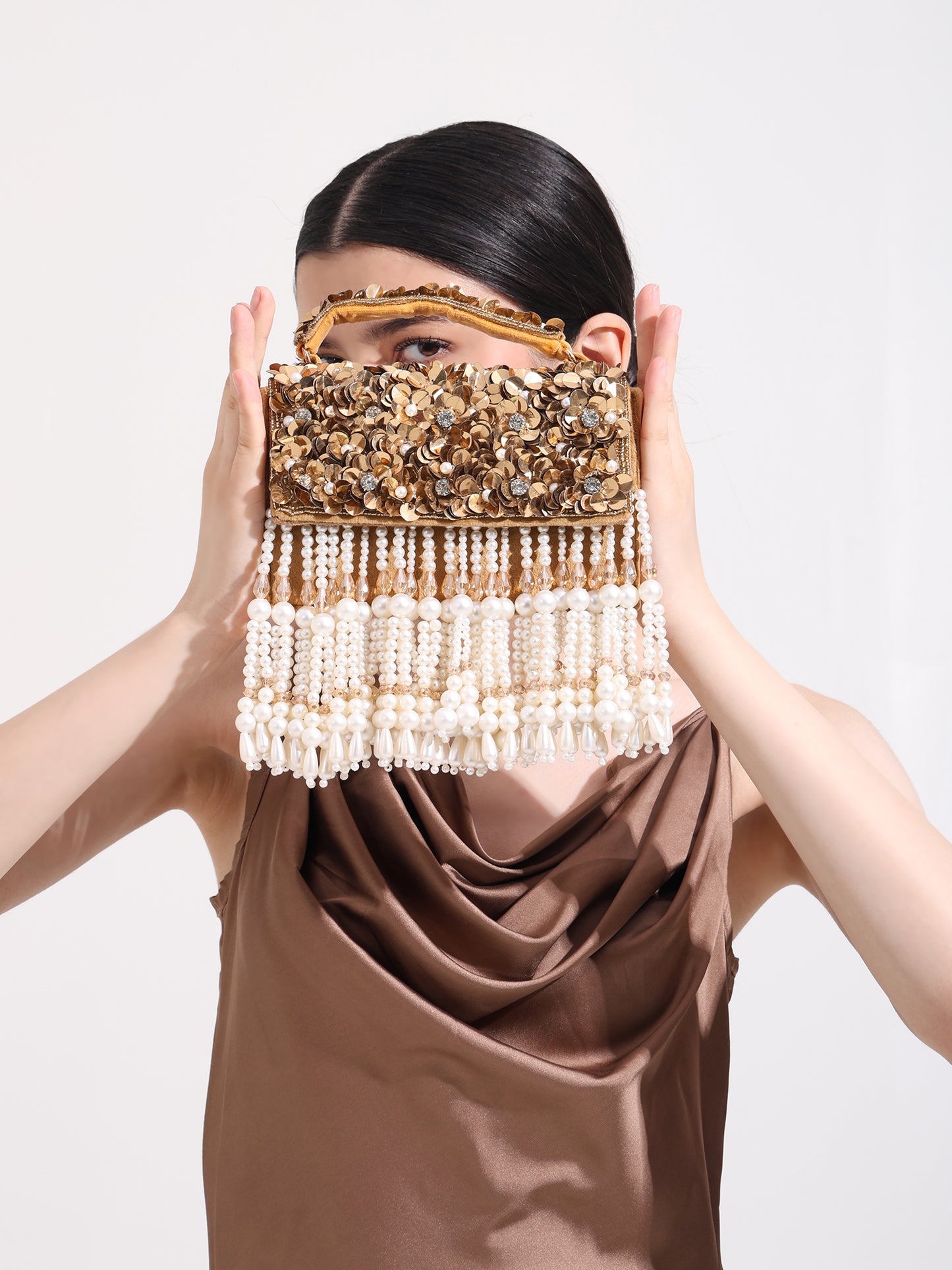 Phoolon Ki Rani Floral Flap Bag with Pearls & Gold Chain | Designer Bridal Flap Bag for Women