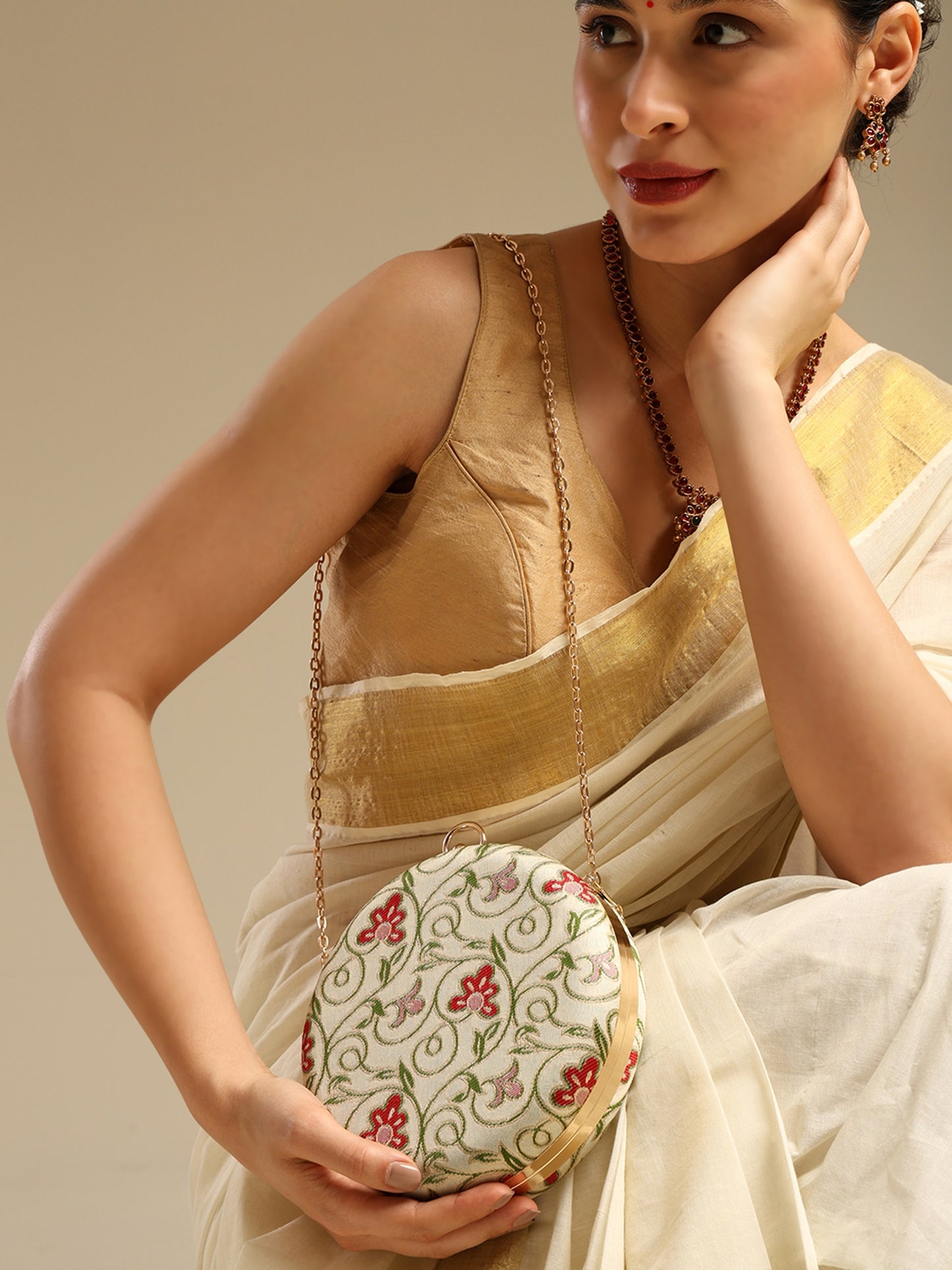 Phooldaan Elegant Round Clutch with Intricate Floral Embroidery & Crystal-Accented Handle
