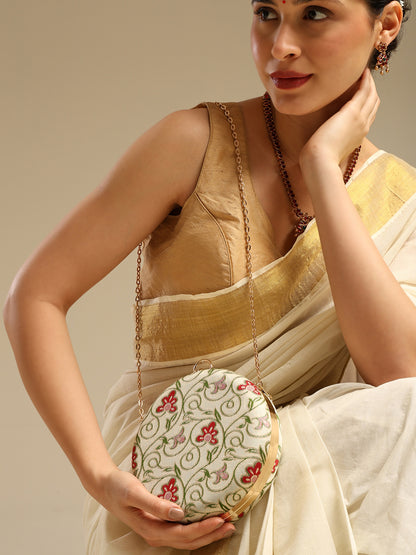 Phooldaan Elegant Round Clutch with Intricate Floral Embroidery & Crystal-Accented Handle