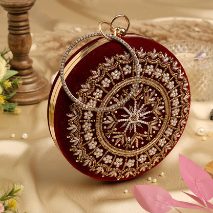 Royal Red Embroidered Potli Clutch with Pearl Handle – Bridal & Wedding Statement Bag