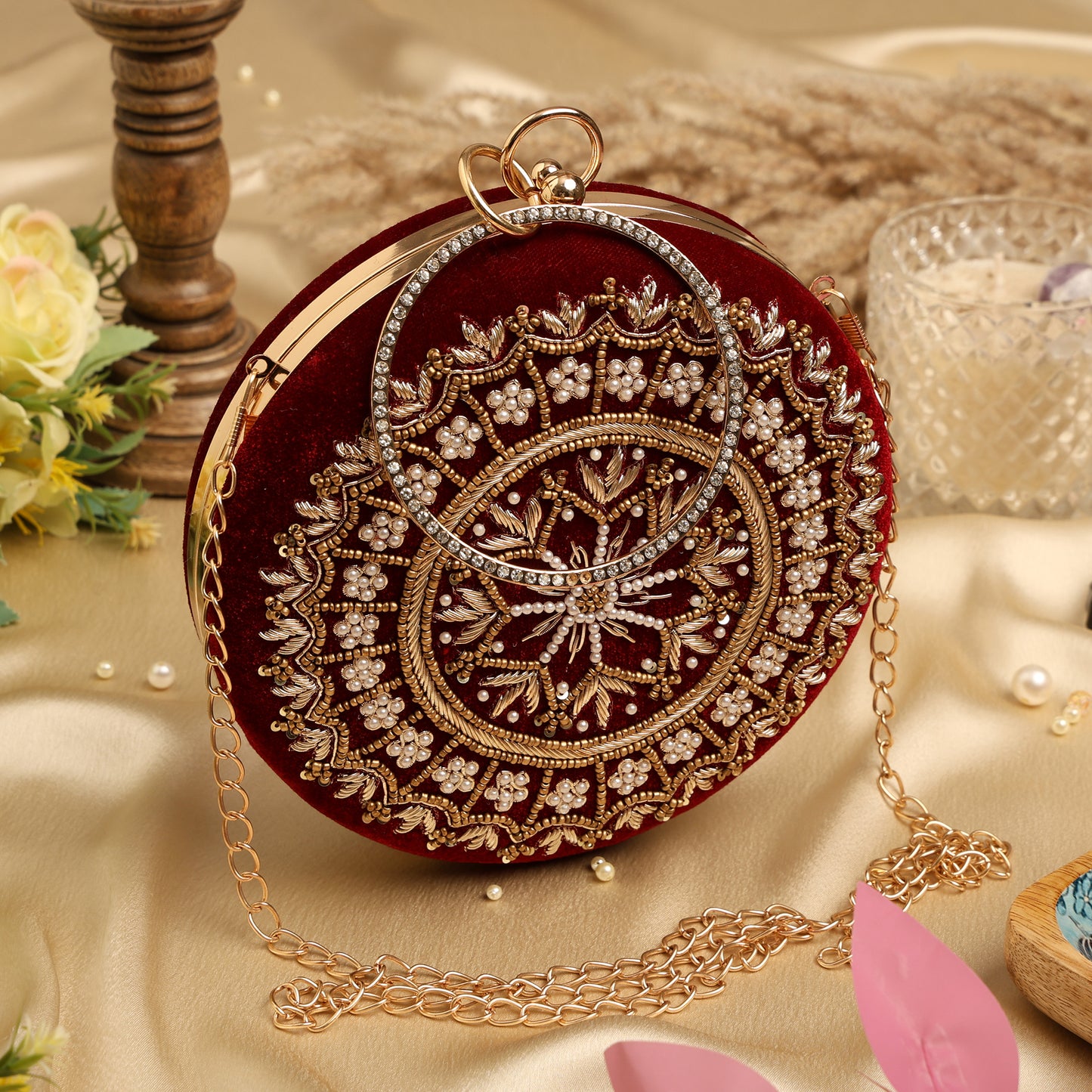 Royal Red Embroidered Potli Clutch with Pearl Handle – Bridal & Wedding Statement Bag