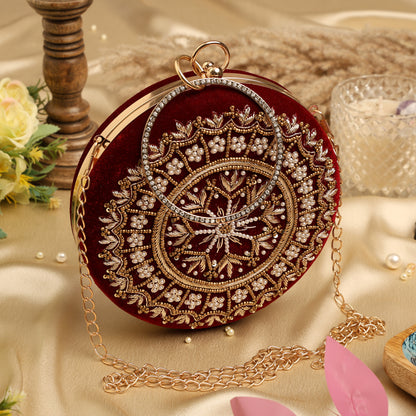 Royal Red Embroidered Potli Clutch with Pearl Handle – Bridal & Wedding Statement Bag