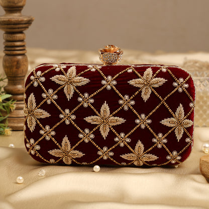 Royal Velvet Zari Embroidered Clutch with Floral Crystal Clasp