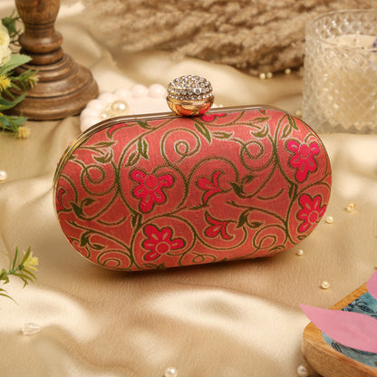 Luxury Pink Floral Embroidered Clutch with Crystal Clasp – Bridal & Party Sling Bag