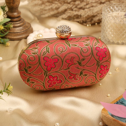 Luxury Pink Floral Embroidered Clutch with Crystal Clasp – Bridal & Party Sling Bag